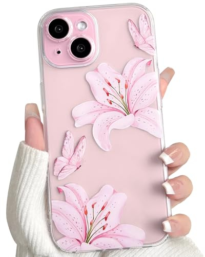 NITITOP Skal för iPhone 15 Sött Transparent Lilja Blomma Mönster Blommig Fjäril Design Aestetiskt för Kvinnor Tjejer Genomskinligt Klar Mjukt TPU Stötsäker Skyddande Fodral - Rosa | Transparent fjärilsmönster, för kvinnor flickor, mjuk TPU, anti-gulning anti-repor, stötskydd fodral