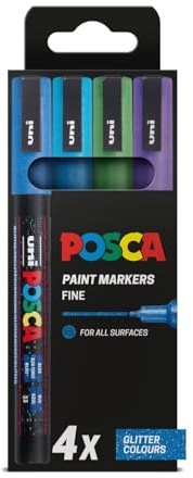 Posca - Cold GlitterPC-3M Acrylic Paint Pens (4pc), Multisurface Water Based Markers Ideal for Rock Painting, Canvas, Glass, Wood, Metal, Fabric, Colouring, Arts and Crafts
