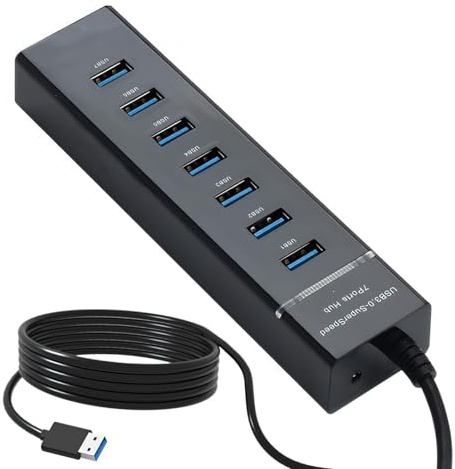 USB Hub 3.0 7 Port USB Hub Splitter with 120cm Long Cable Portable Multiport USB Extender Adapter High-Speed Data Transfer Expander Compatible with Mac PC Windows Mobile HDD Printer Hard Drives