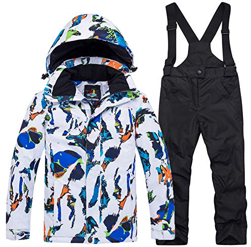 YFCH Bambini Ragazzi/Ragazze 2 Pezzi Set da Sci Antivento e Impermeabile Tuta da Sci Pantaloni + Giacca Sport Invernali, Bianco-Azzurro+Nero, 9-10 Anni/L