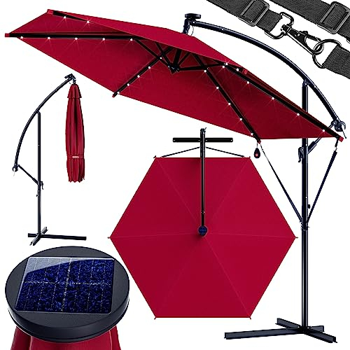 Kingsleeve® Ampelschirm LED Beleuchtung UV Schutz 80+ Solar Ständer Schutzhülle 300cm Groß Kurbel Balkon Terrasse Gartenschirm Sonnenschirm Rot