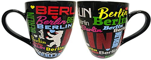 Souvenir Jumbo Tasse, Cup, MugNeon schwarz Berlin Schriftzug mit Berliner Bär Glitzer als Geschenk 500ml(Spülmaschinen nicht geeignet Hand wash only!!!) (Keramik)