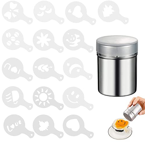 Shaker à Chocolat en Acier Inoxydable avec 16 Pièces Pochoir Café et Cappuccino, Saupoudreuse à Farine pour Capuccino, Cafe, Chocolat Chaud et Décoration de Pain