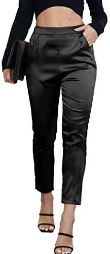 heipeiwa Women's Satin Pants Dress Casual Pleated Pull on High Waist Pants with Pockets, Drapeblack, XL