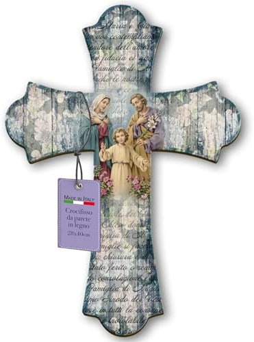Fratelli Bonella | Croce Religiosa Vintage in Legno della Sacra Famiglia 28x40cm | Made in Italy