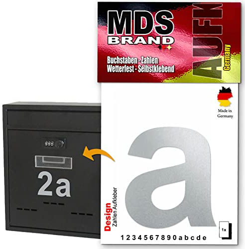 MDS Brand Design 10cm Buchstaben Aufkleber, Selbstklebende Klebezahlen für Briefkasten, Mülltonne, Hausnummer Aufkleber für Außen & Innen Silber (a)
