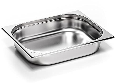 Forgast Recipiente de Acero Inoxidable | Ecológico | GN Formato 1/2 | Tamaño 32,5x26,5x6,5 cm | Recipiente Gastronorm | para platos calientes, sopas, ensaladas | Aptas para el lavavajillas