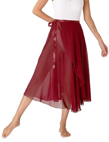 TTAO Damen Ballett Wickelrock Chiffon Midi Tanzrock Röcke Ballettrock Latein Tango Wickelrock Performance-Kostüm Tanzkleidung Burgundy Einheitsgröße