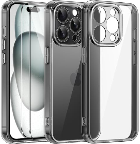ivoler Clear Case Compatible with iPhone 15 Pro Max 6.7 [Long Lasting Clarity] [Military Grade Drop Protection], 1 Phone Case + 2 Tempered Glass Screen Protector, Shockproof Slim Cover - Black