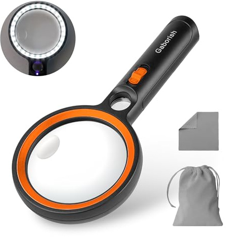 GABORISH Magnifying Glass with Light 30 LED, 10X 20X 45X Large Magnifying Glasses with 1UV Light, Handheld Magnifier with Light for Seniors Reading, Inspection, Coins, Jewelry (Orange)