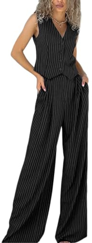 ticticlily Tailleur Pantalon Femme Chic et Élégant Ensemble 2 Piece Gilet avec Bouton et Pantalon Décontractée Outfit Ete Tailleurs de Coton Costumes de Travail Streetwear F Noir L