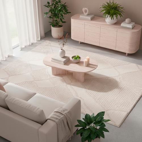 TESSO LIVING Tappeto Soggiorno a pelo alto - 160cm x 220cm - unicolore Bianco - Motivo a linee alte e basse - Effetto 3D - Tappeto shaggy per camera da letto, Boho, Scandi