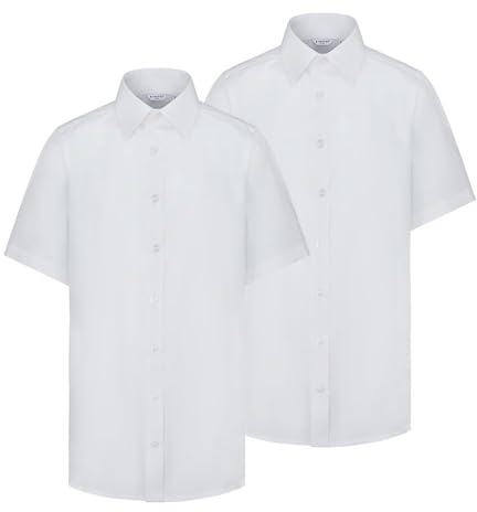 Trutex Boys White Short Sleeve School Shirts, 2 Pack – Regular Fit Easy Iron Cotton-Rich Button Down School Uniform Shirts – Age 16 (2 Pack)