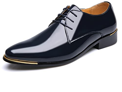 Kanggrei Zapatos de Vestir Brillantes for Hombres con Cordones y Punta Redonda Derby Zapatos de Charol bajo Antideslizante Antideslizante Baile de graduación(Color:Azul,Size:45.5 EU)
