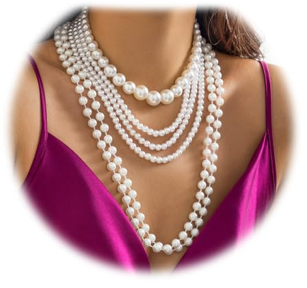 Lucktao 6 Stück Perlenkette Damen｜Perlenkette Lang｜Perlenketten｜1920s Gatsby Kostüm Accessoires Lange Perle Halskette｜Modische Imitation Weisse Perlen Kette｜Dame Weiße elegante künstliche Perlen