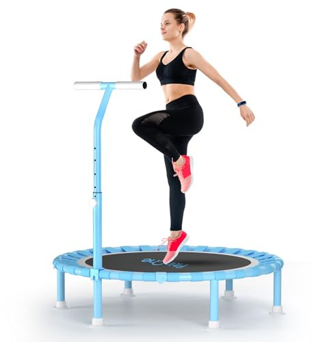 FitinOne 200KG Faltbares Fitness Mini Trampolin Ø 102CM mit Bungee Bänder, 5-Fach Verstellbarer Schaumstoffgriff, Cross Jump Indoor-Trampolin für Kinder und Erwachsene