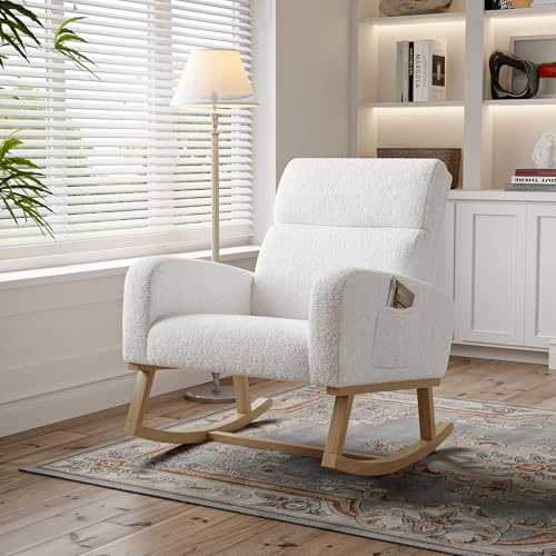 AONYAYBM Chaise à Bascule Fauteuil Bascule Scandinaves, Allaitement Fauteuil, Scandinave Chaise Loisir et Repos en Tissu avec Pieds en E' Bois Métal pour Salon, Chambre (Blanc)