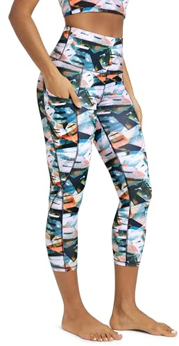 ODODOS Women's High Waisted Cropped Yoga Leggings with Pockets, 23 Inseam Tummy Control Workout Running Yoga Pants, Fine Art, Large