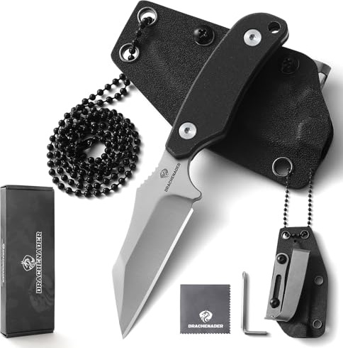 DRACHENADER X-WH halskniv, Wharncliffe D2 stål, 7,6 cm halskniv miniblad, full tang, med Kydex-fodral, kulkedja och bältesklämma