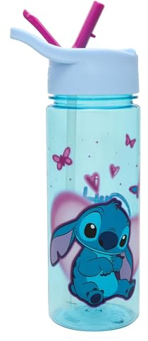 Disney Stitch Kids Water Bottles with Built in Dust Cover - 500ml BPA-Free Stitch Kids Drinks Bottle with Carry Handle - School Water Bottle with Removable Straw