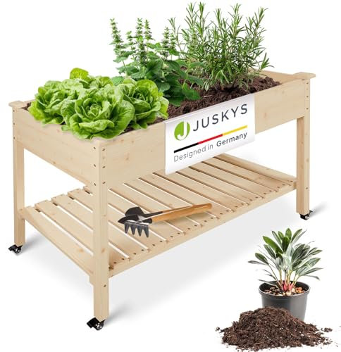 Juskys Hochbeet Freya mit Rädern - 123 x 83 x 60 cm - Holz, Vliesstoff & Ablage - Beet für Balkon, Kräuterbeet, Salatbeet, Gemüsebeet, Pflanzkübel, Garten, Terrasse