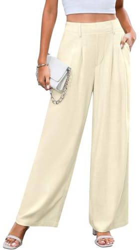 CMTOP Pantaloni Lino Donna Estivi Pantaloni a Gamba Larga Dritta Pantaloni Casual a Vita Alta Pantaloni Casual Spiaggia con Tasca