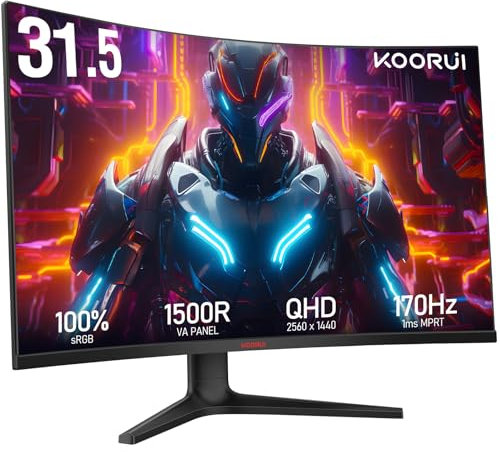 KOORUI 32 inch Curved Gaming Monitor,1440p(2560x1440),170Hz.1ms, 2K, QHD,VA 1500R, HDR10,Adaptive Sync, VESA & Eye Care Ultra-Thin Support DP/HDMI