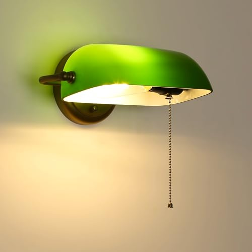 BARCELONA LED.Aplique Pared Dormitorio Estilo Vintage – Lámpara Banquero Verde Bronce de Vidrio para Escritorio, Interior Clásico, Ideal para Estudio y Escaleras