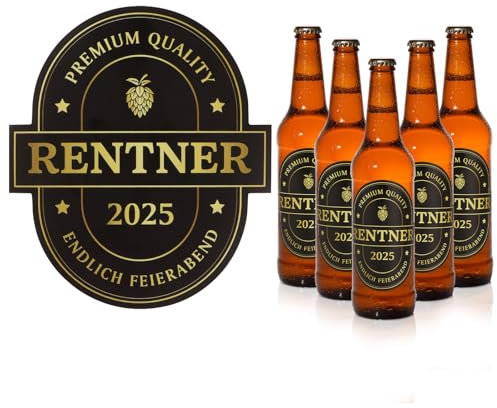 BETESSIN Rentner Geschenk Mann - Rentner 2025 – 6 Stück Premium Ruhestand Flaschenetiketten Selbstklebend - Renteneintritt Geschenk Männer - Lustiges Ruhestand Geschenk Rente Mann