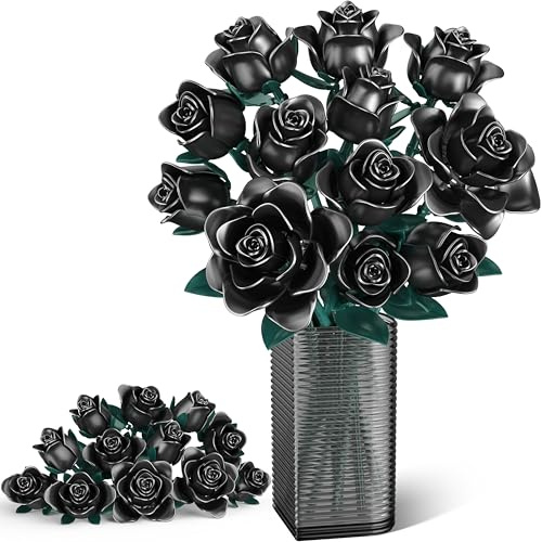 Kit de Construction Bouquet de Fleurs, 634 Pcs 12 Roses Noires Décoratives pour Bureau ou Maison, Cadeaux pour Noël Enfants, Saint-Valentin pour Homme ou Femme, Adultes, Fête des Mères