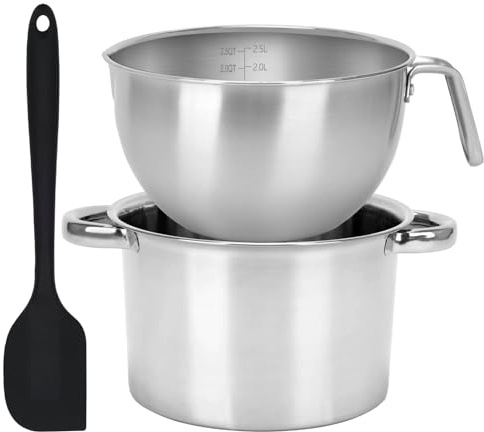 2pcs Double Boiler Pot Set, 2500ML/2.3QT Mixing Bowl with Scale 4000ML/ 3.6QT Stainless Steel Heating Pot with Silicone Spatula for Cheese Chocolate Candy Candle Soap Wax Melting (2500ML)