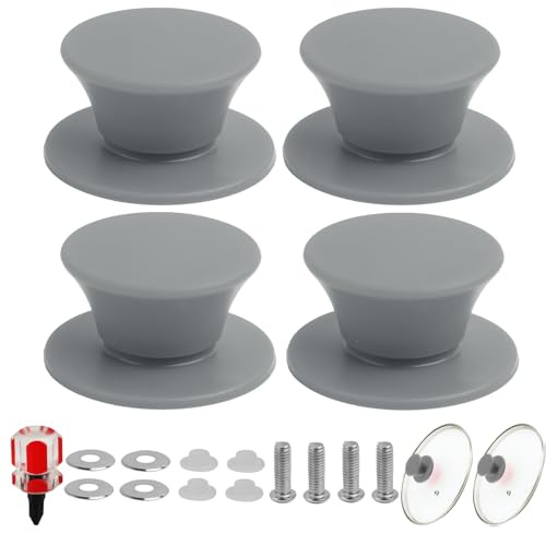 FunWorth 4Pcs Pan Lid Knob Replacement, Universal Pot Lid Cover Knob with Screwdriver, Silicone Cooking Pan Knob Handle for Skillets, Pans & Cookware Lids (Grey)