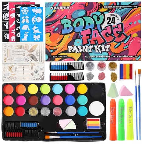 Vaneria Kit De Pintura Facial Y Corporal De 24 Colores - FóRmula A Base De Agua , De Secado RáPido, Con BolíGrafos Fluorescentes, Peines De ColoracióN Capilar, Purpurina, Plantillas Y Pinceles Para Ha