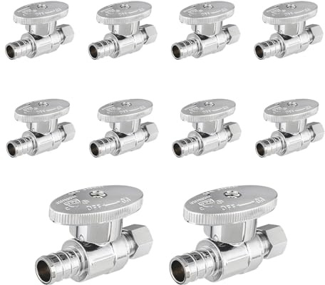 Niikappu 10 Pack Straight Stop Valves, 1/4 Turn Pex B Straight Turn Valve, 1/2 Pex x 3/8 OD Compression Shut Off Valve, Chrome Plated Lead-Free Brass for Toilet Bidet, Kitchen Sink