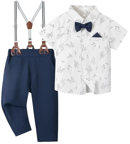 Volunboy Ensemble Gentleman Bébé Garçon, Chemise Manches Courtes + Pantalon à Bretelles + Noeud Papillon, Tenue Fête Mariage(Taille 120, Bleu Marine, 4-5 Ans)