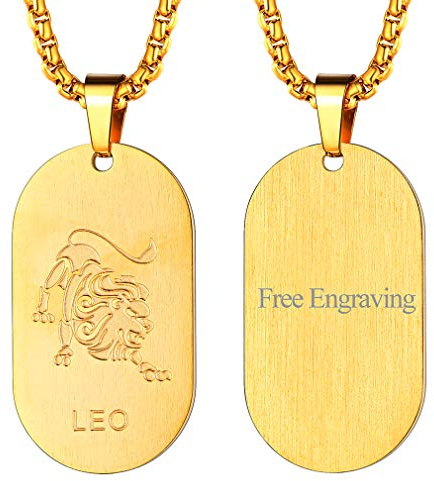 FaithHeart Collier Prénom Personnalisé,Pendentif Homme Or Zodiaque Lion Acier Inoxydable avec Chaîne 60cm,Bijoux Signe Astrologique Plaque à Graver Cadeau Anniversaire Personnalisable Garçon Femme