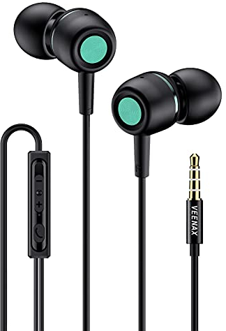 VEENAX M3 Auriculares In Ear, Auriculares con Cable y Micrófono, Estéreo Cascos Control de Volumen, Bajos Potentes, Audífonos para Smartphone Ordenador PC Tablet MP3, Earbuds Headset de 3,5mm, Negro