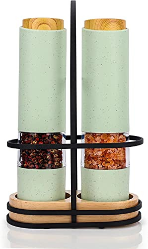 Anbiratlesn Electric Salt Pepper Mill Set Automatic Salt and Pepper Shaker Adjustable Coarseness Spice Grinder Electric Pepper Mill with Spice Rack Organizer Pack of 2-Green
