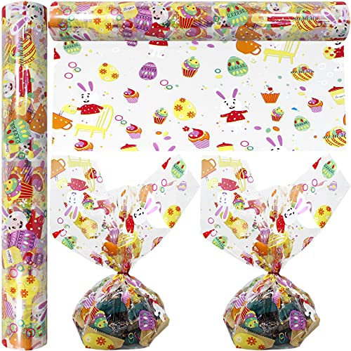 AnapoliZ Rotolo di cellophane per uova di Pasqua, lunghezza 30,5 m x larghezza 40,6 cm, spessore 2,3 mm, design trasparente, carta da regalo con coniglietto pasquale
