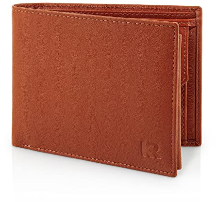 KRONIFY Carteras para Hombre-Cartera de Hombre de Piel Auténtica, con Bloqueador RFID, 13 Compartimentos para Tarjetas, con Cremallera, Bolsillo para Monedas, Caja de Regalo, Nappa Marrón Rojizo