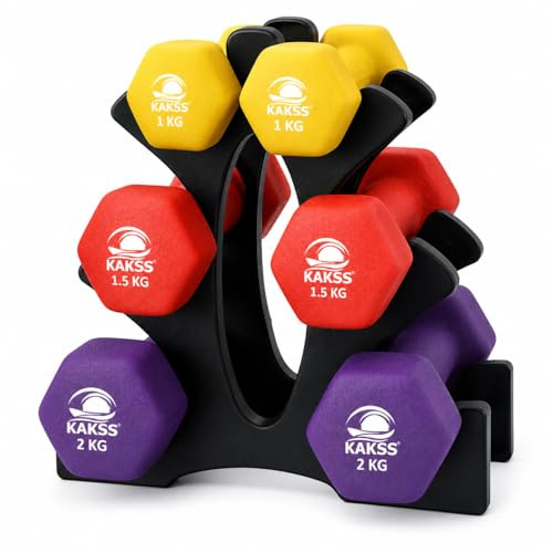 KAKSS Neoprene Dumbbell Set with Rack 1kg Pair, 1.5kg Pair, 2kg Pair, Multicolor Hex Hand Weights Dumbbells Set, Cast Iron Weights Set Gym Equipment for Home Use and Exercise