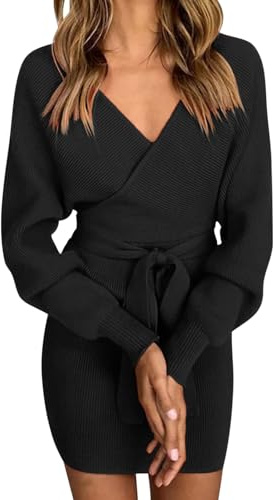 Vancavoo Robe Pull Femme Elégant Robe Tricoté Col V Manche Longue Casual Robe Automne Hiver Tunique Chic Jupe Courte Robe Moulante Slim avec Ceinture,Noir L