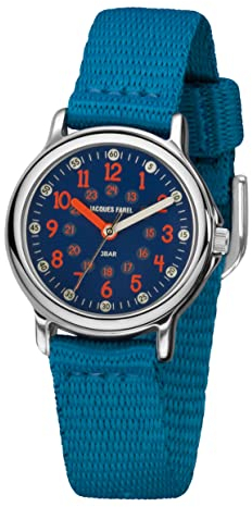 JACQUES FAREL Kinder-Armbanduhr Lernuhr Jungen Analog Quarz mit Textilband extra weich Blau KCF 078