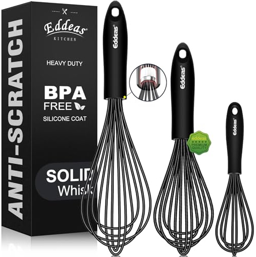 Whisks For Cooking - 500 °F Heat Resistant Silicone Whisk, Heavy Duty 7,9&11inch Non-Scratch Balloon Kitchen Wisk tool Set, for cooking Wisking, Blending, Beating, Stirring, 3 Piece Black