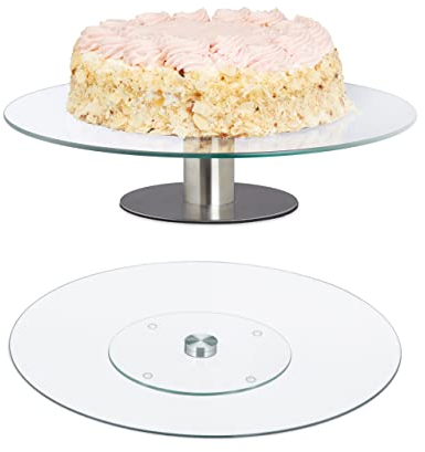 Relaxdays Set 2 Platos Giratorios Tartas, Soporte Pie Pastel, Expositor Plano Cupcakes Cristal, Redondos, Transparente, 2 x 30 cm