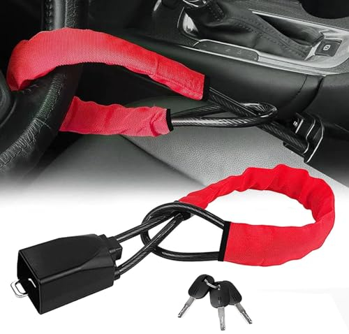Bloccasterzo Auto, Blocca Sterzo Automobile Blocca Volante Auto Cintura Sedile Bloccaggio Antifurto Meccanico Volante Accessori per Furgone Camion SUV, Rosso
