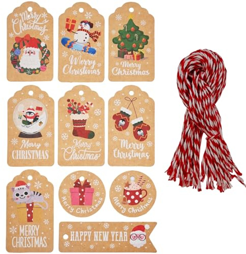 ZHIYE Christmas Tags, 50 Pieces 10 Styles Kraft Paper Tag Hang Labels with 50pcs Cotton String for Decorating Christmas Trees or Packaging