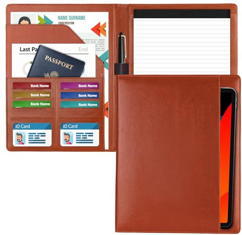 HAUTOCO Schreibmappe A4, PU-Leder Konferenzmappe A4 mit Dokumentenfächern, Stiftehalter, für A4 Mappe Organizer, Dokumentenmappe, Aktenmappe Ordner für Unternehmen/Büro, Braun