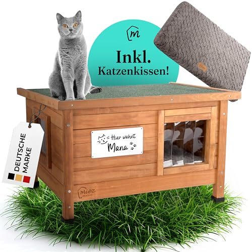 MIEZ MAGIC Katzenhaus Outdoor Winterfest isoliert - Robustes Katzenhaus für draussen aus Fichtenholz - Wasserdicht & isoliert mit Dachscharnier - Komfort Katzenhütte inkl. Katzenkissen 67x53x43cm