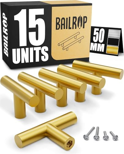BAILROP Tiradores Dorados Cocina y Armario Tiradores Armario Dorados – Pomos para Puertas y Muebles de Cocina (15 PCS)